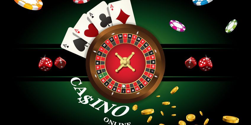 Casino background with roulette, dice, casino chips, playing cards for poker. Vector illustration