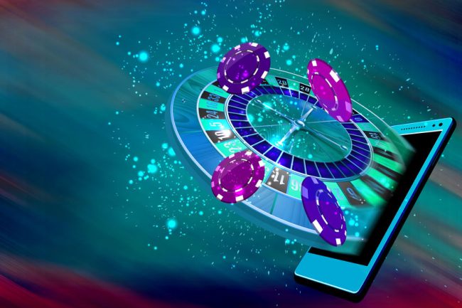 61397191 – mobile casino or roulette and casino coins flying out from a mobile